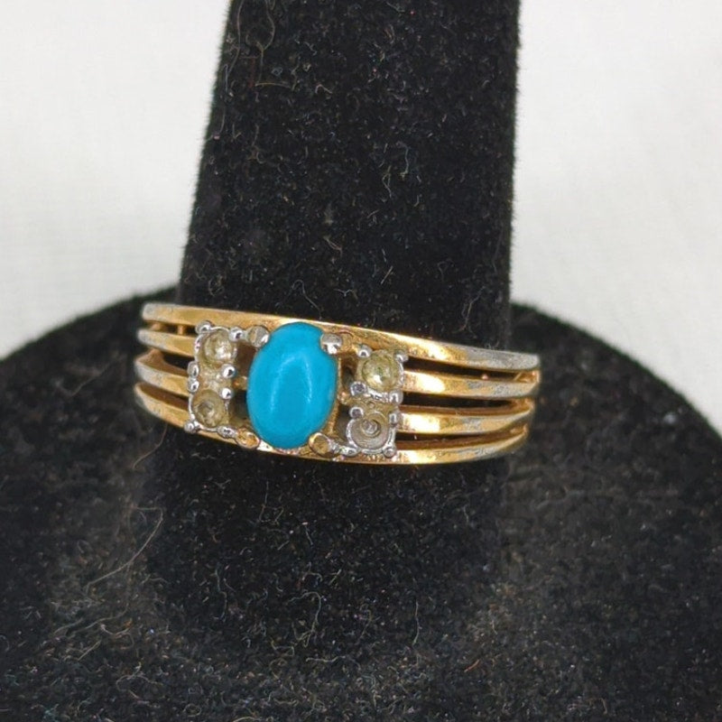 Vintage 14k Heavy Gold Electroplate Oval Turquoise & Diamond Accent Ring Size 7