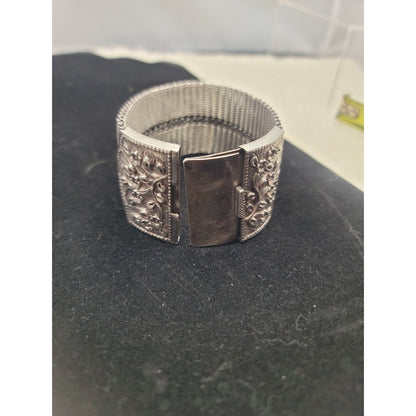 Vintage 925 Wide Mesh Statement Cuff Art Nouveau Floral Relief Artisan Repousse'