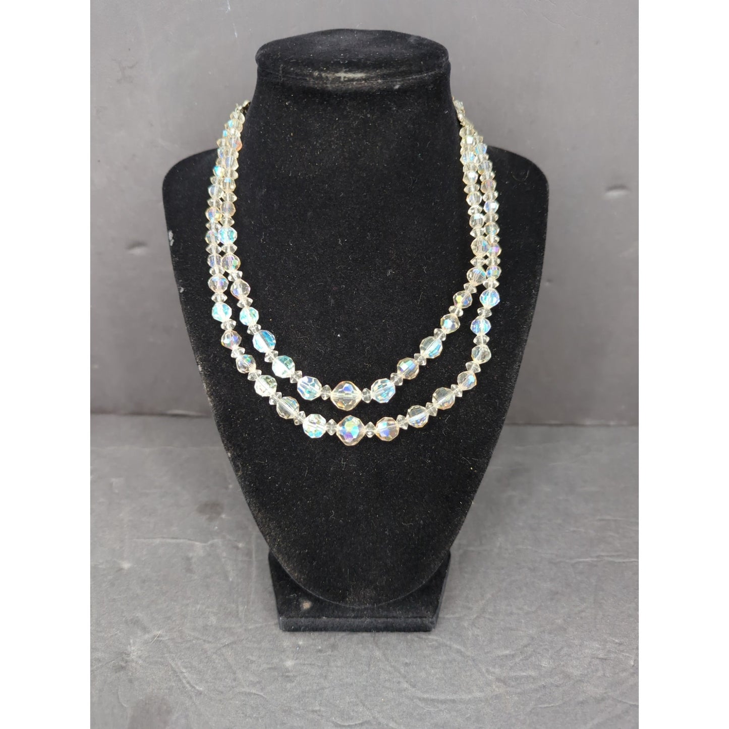 Vintage Double Strand Clear Aurora Borealis Crystal Bead Layered Necklace