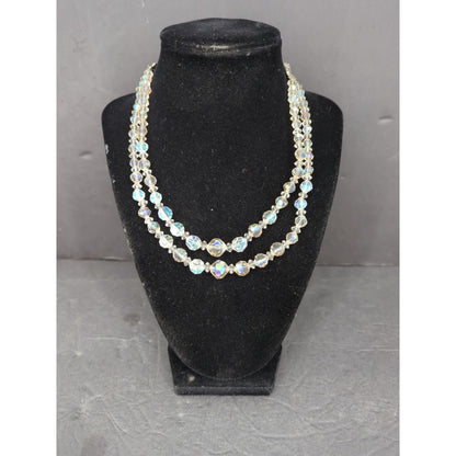 Vintage Double Strand Clear Aurora Borealis Crystal Bead Layered Necklace