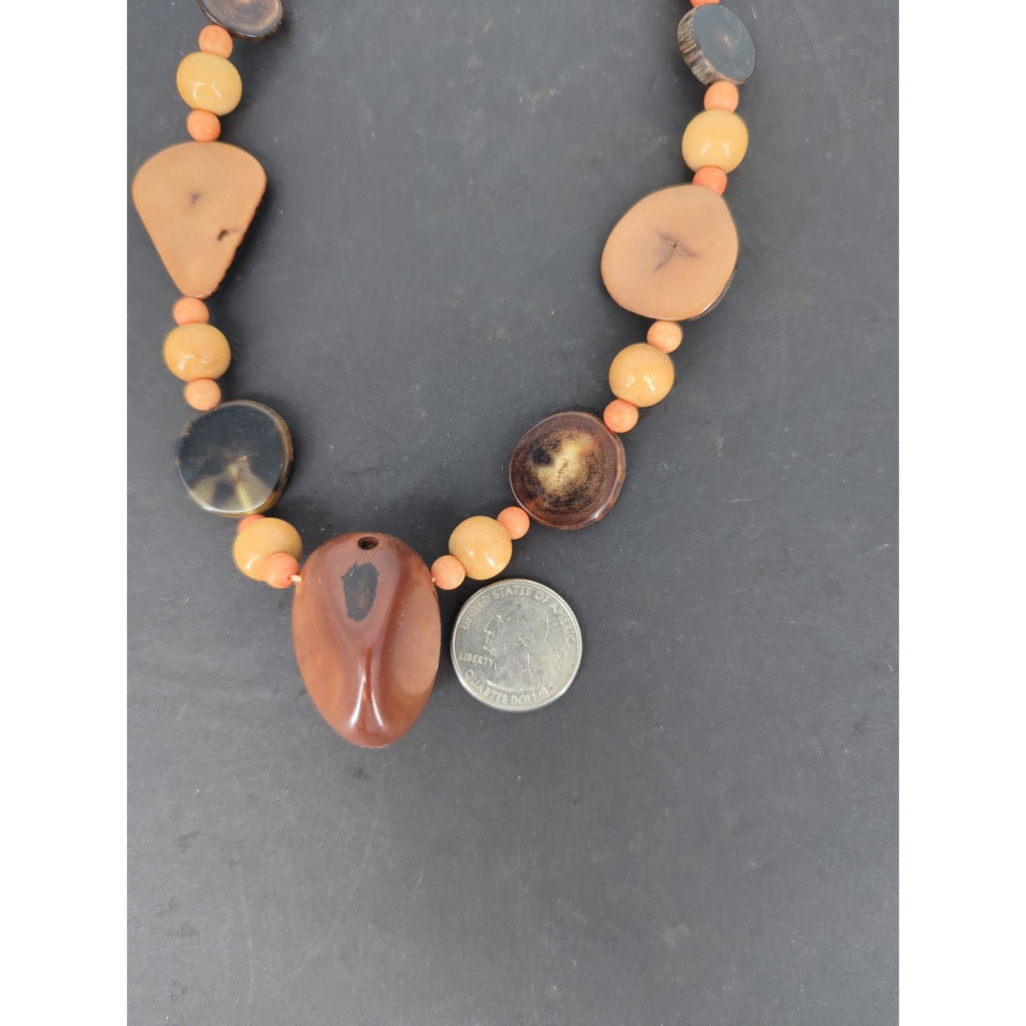 Vintage Chunky Stone & Wood Bead Statement Necklace Brown Boho Chic