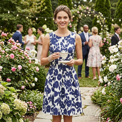 Alex Marie Women's Navy Blue and White Floral Sleeveless Dress 8