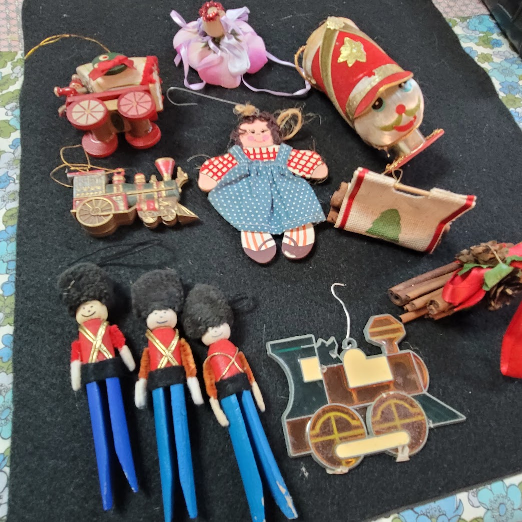 Vintage Lot of 11 Christmas Ornaments Soldiers, train, Flower, Wagon, Firewood