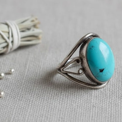 Vintage Sterling Silver Oval Turquoise Southwest Split Shank Ring Size 9 Kingman