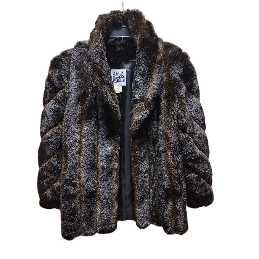 Vintage Basic Editions Faux Fur Coat Jacket Espresso LARGE Pockets 80s Collar