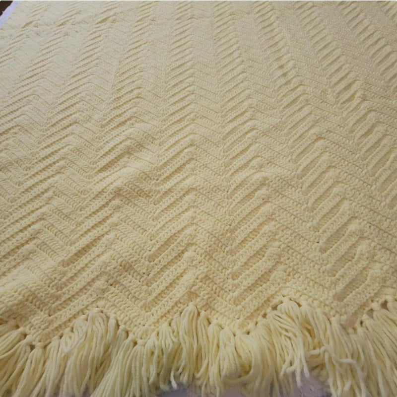 handmade Yellow afghan throw fringe chevron 50" x77" twin zigzag homestead retro