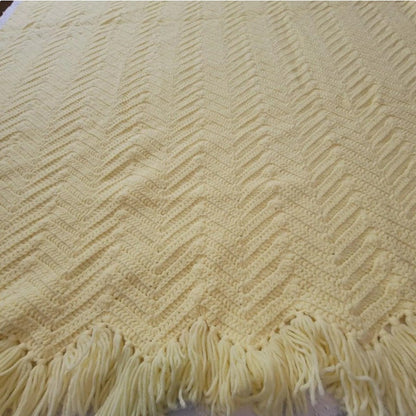 handmade Yellow afghan throw fringe chevron 50" x77" twin zigzag homestead retro