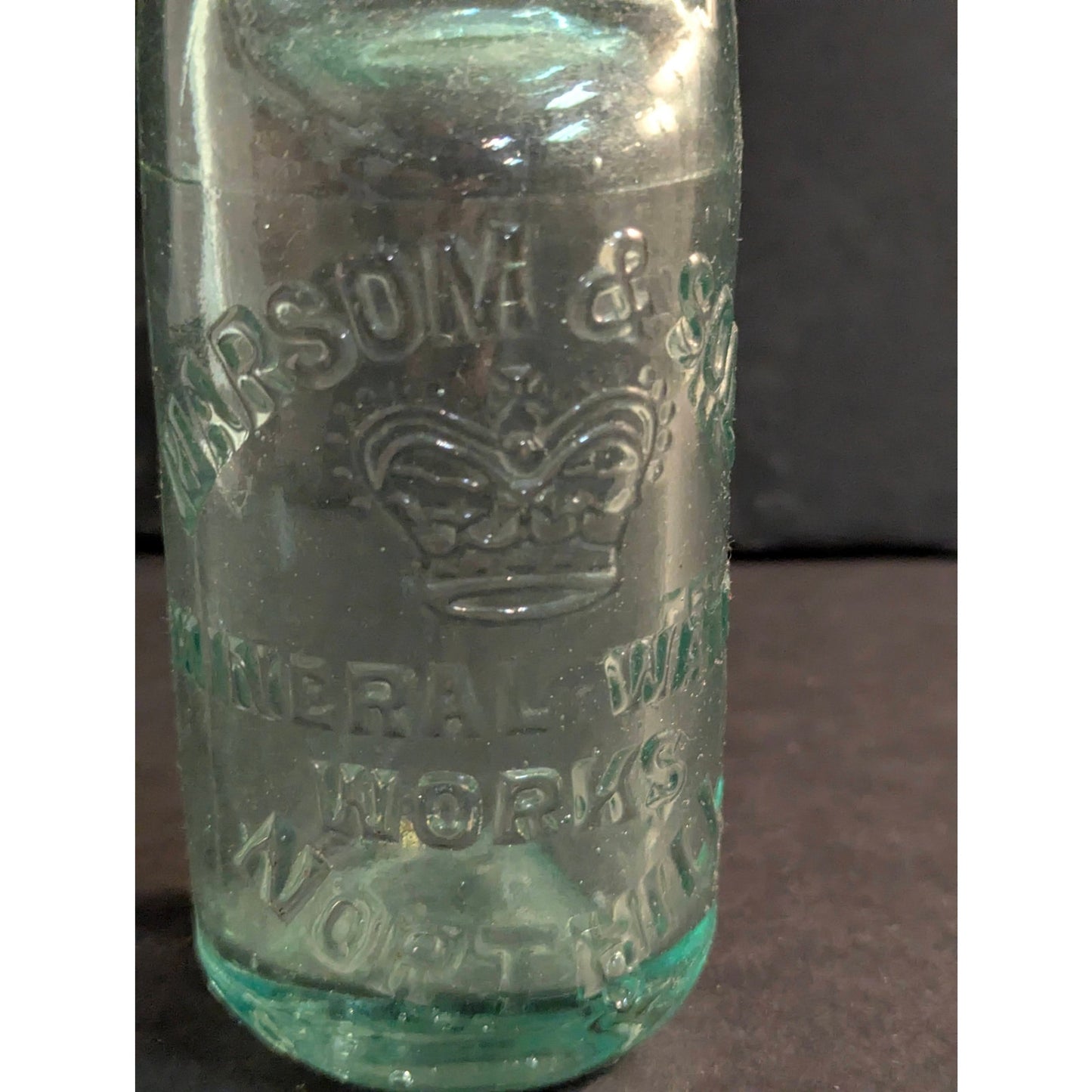 Antique Codd Neck Glass Soda Bottle Aqua Embossed Crown M&S Works Worksop
