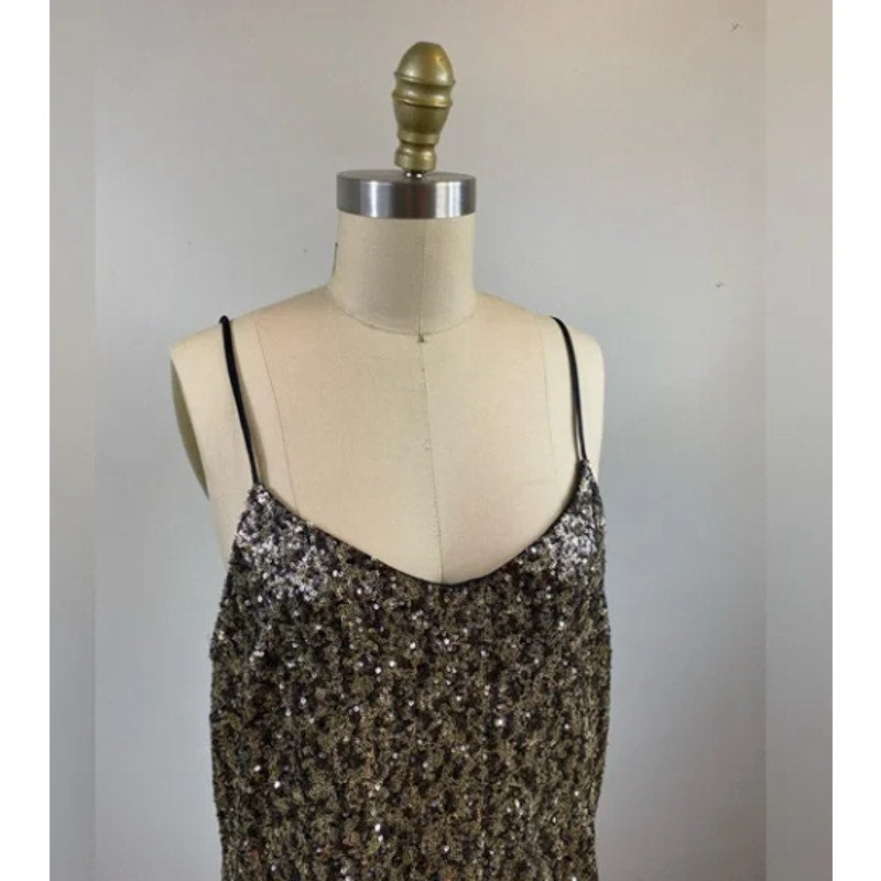 Anna Sui Gold sequin cocktail short spaghetti strap short party dress large NEW