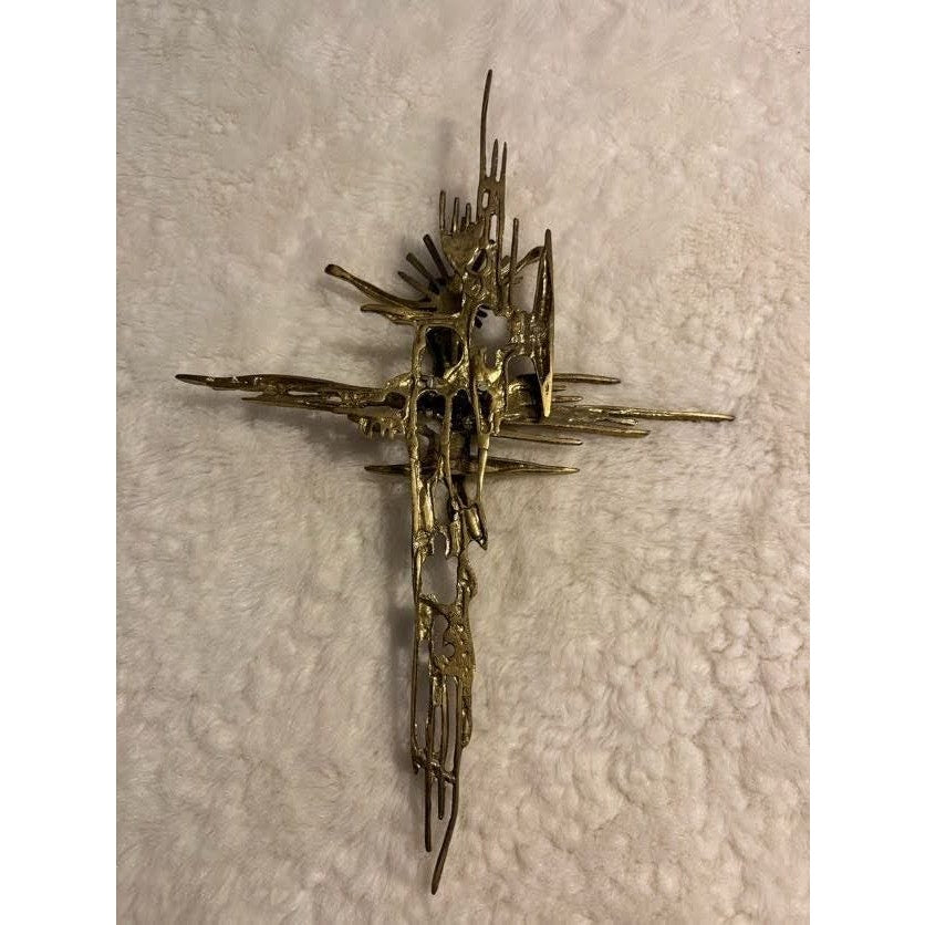 Brutalist crucifix religious wall sculpture goldtone Jesus on Cross Spain Bronze
