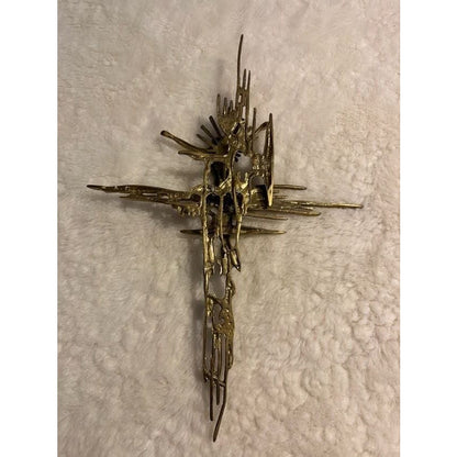 Brutalist crucifix religious wall sculpture goldtone Jesus on Cross Spain Bronze