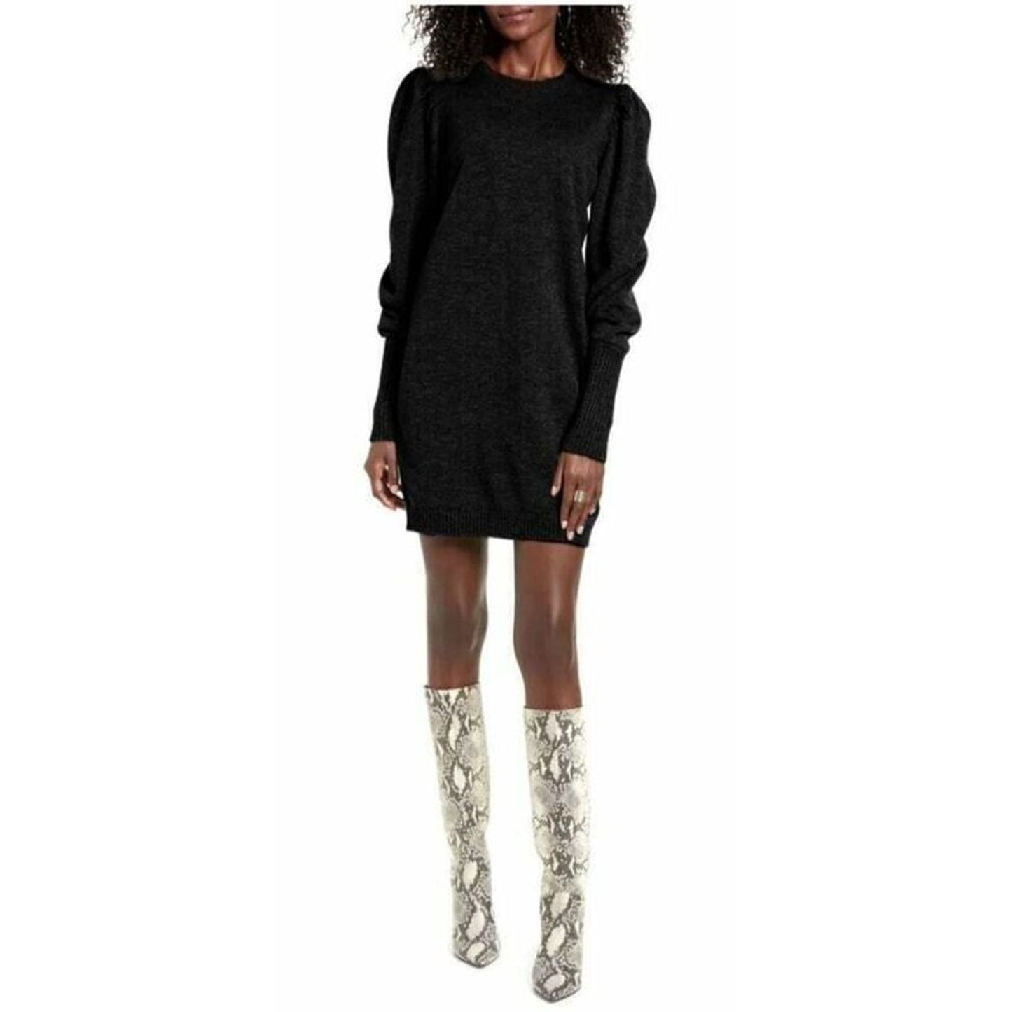 WayF Lola Puff Sleeve Sweater Dress XL Black NEW Mock Neck Stretchy Stylish