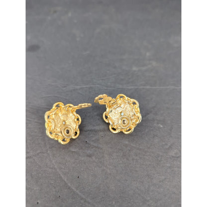 Vintage Gold Tone Faux Pearl Scalloped Button Clip On Earrings Classic Glam