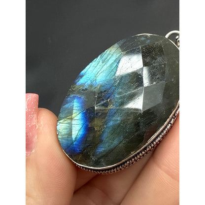 Large Blue Flash Labradorite Pendant 925 Sterling Silver Oval Statement 2.75"