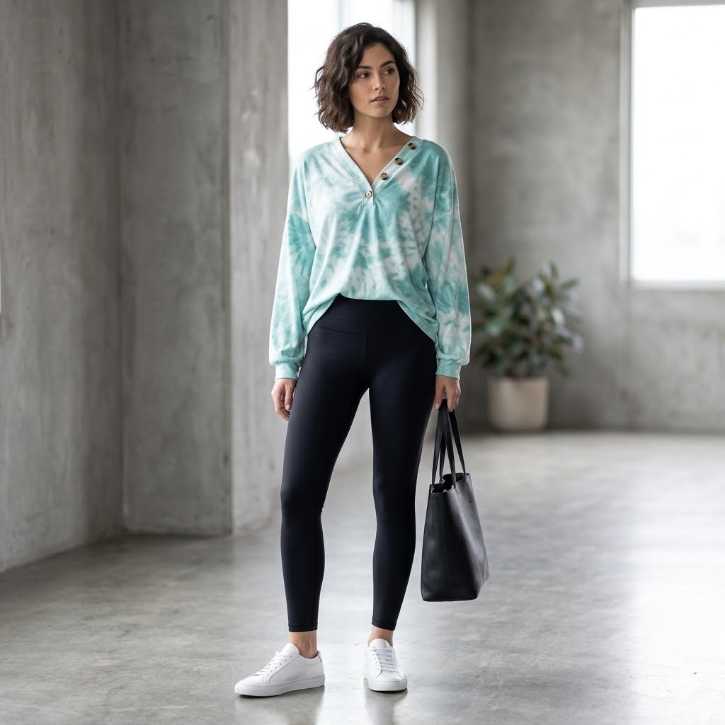 Teal White Tie Dye Henley Top Large Long Sleeve Button Neck Casual Comfy Large