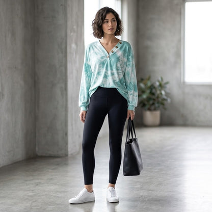 Teal White Tie Dye Henley Top Large Long Sleeve Button Neck Casual Comfy Large