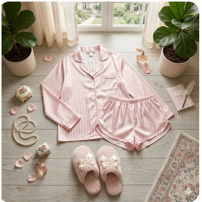 Linea Donatella Pink Striped Satin Pajama Shirt and Shorts Set Size Medium