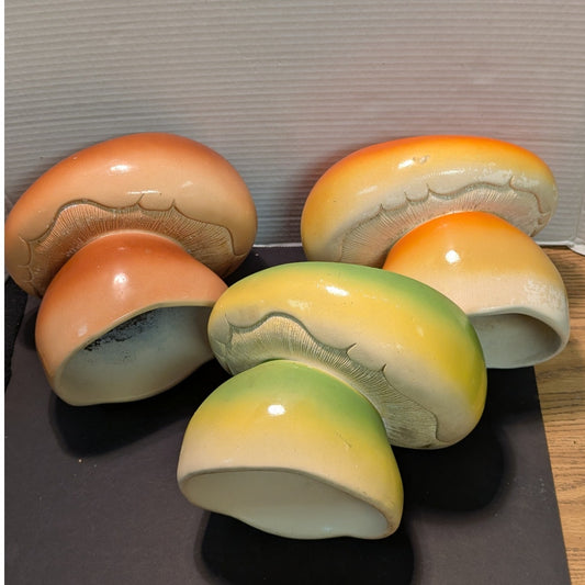 3 Mushroom planters bowls VINTAGE C.A.P. 1977 Brown Green Orange