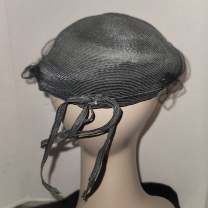 Vintage Black Pillbox Hat Veil 1940s 50s Noir Goth Mourning Pinup Rockabilly