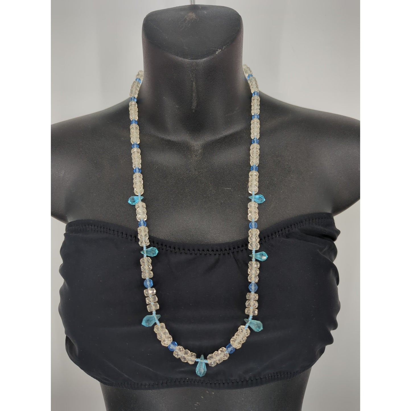 Vintage Blue & Clear Crystal Beaded Strand Necklace Drops Mid-Century Boho
