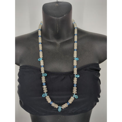 Vintage Blue & Clear Crystal Beaded Strand Necklace Drops Mid-Century Boho
