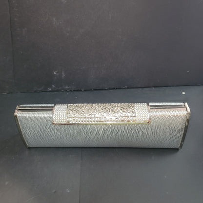 Silver evening bag clutch shoulder crossbody Purse narrow snap closure crystal