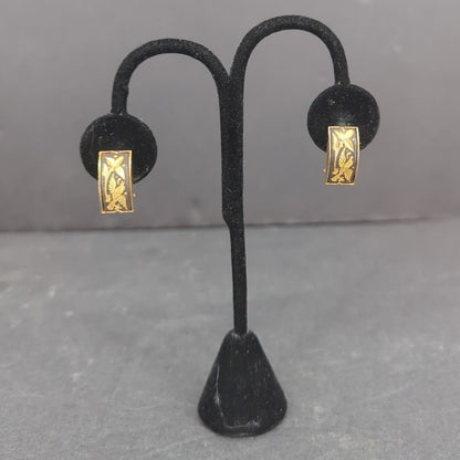 Vintage Damascene Style Gold Tone Bird Rectangle Clip On Earrings