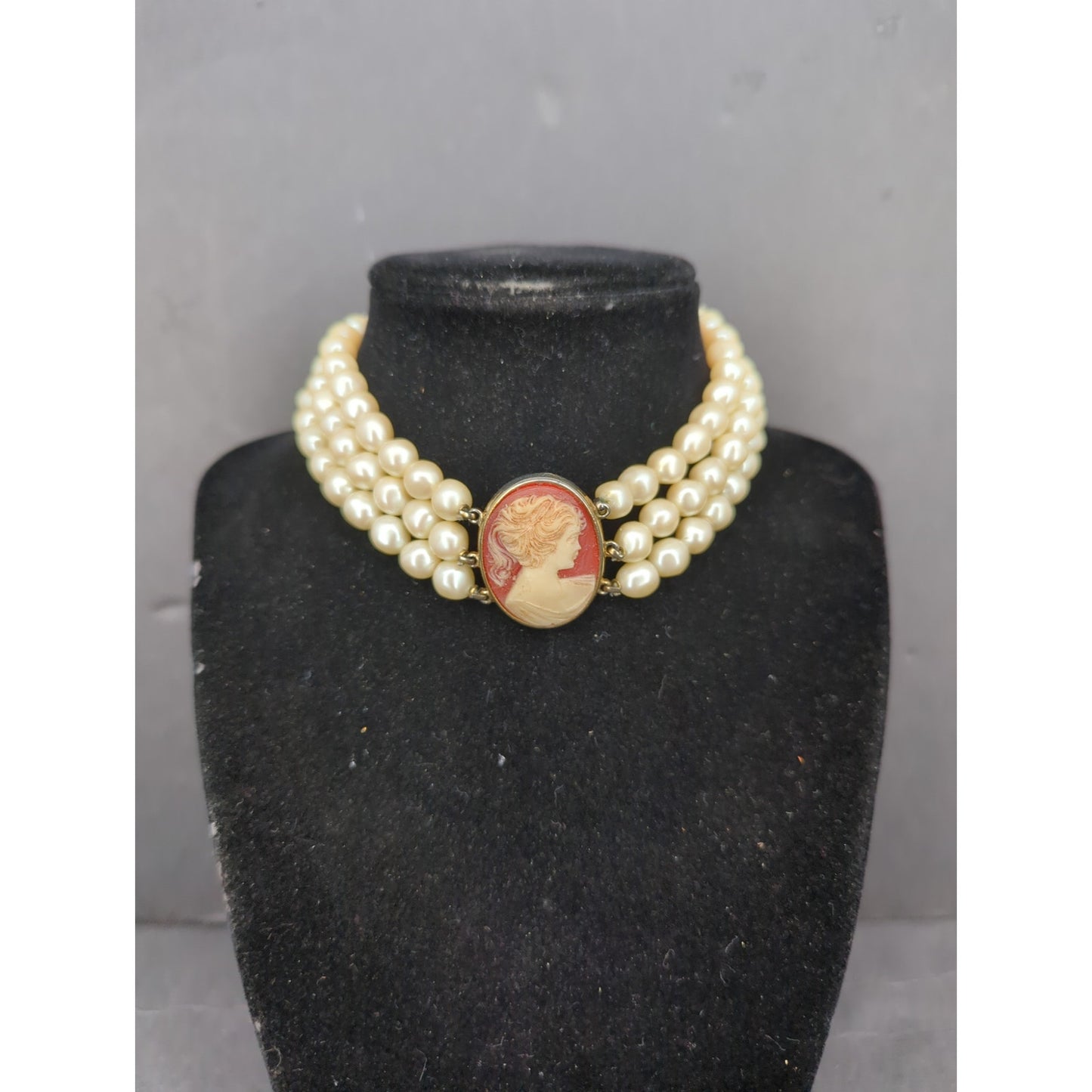Vintage Triple Strand Faux Pearl Choker Cameo Centerpiece Victorian Style