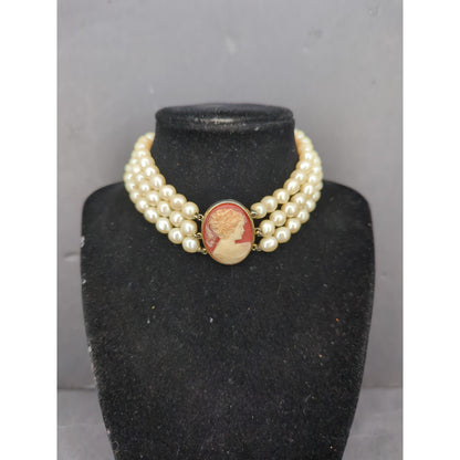 Vintage Triple Strand Faux Pearl Choker Cameo Centerpiece Victorian Style