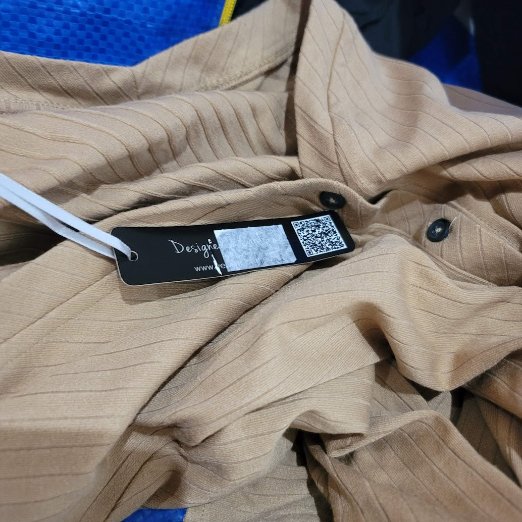 VELVET Heart Small Textured tan Waist Tie Blouse Top Long sleeve Faux button Up
