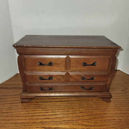Vintage Wooden Jewelry Box Chest With Red Velvet Interior Multi-Drawer Storage