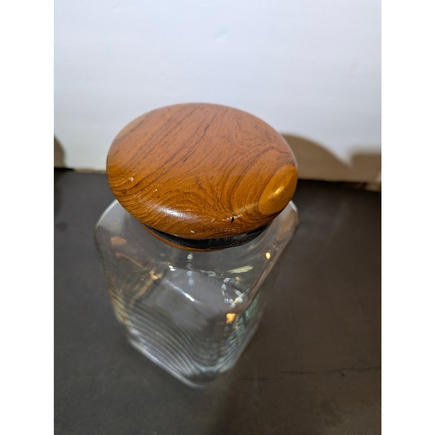 Vintage MCM Clear Glass Canister with Teak Sealed Lid 8" apothecary boudoir