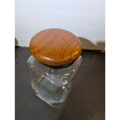 Vintage MCM Clear Glass Canister with Teak Sealed Lid 8" apothecary boudoir