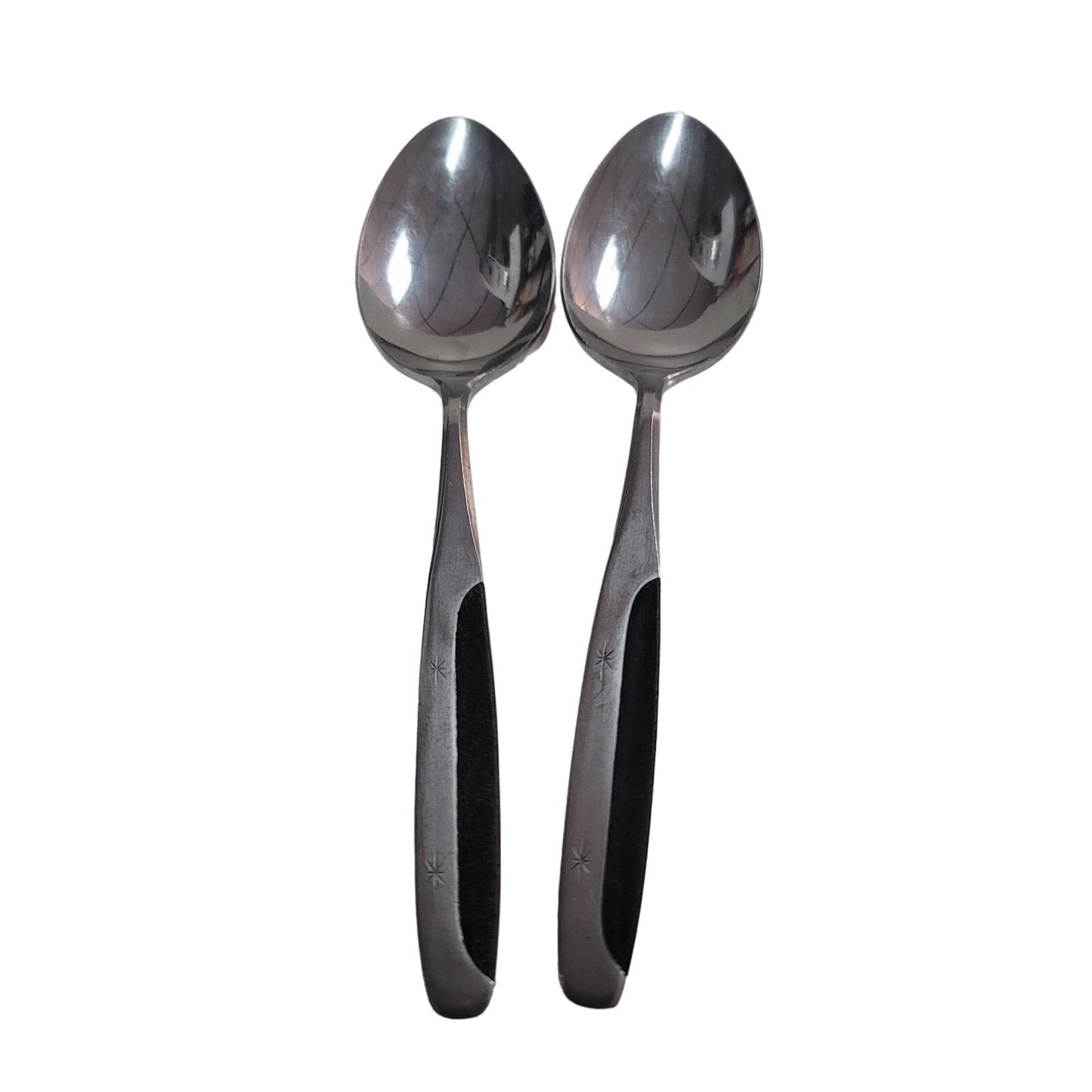 2 Stainless Soup SPOONS Stanley Roberts Japan NITE AND DAY pattern silver black