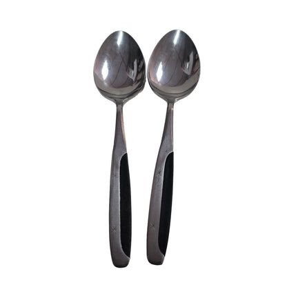 2 Stainless Soup SPOONS Stanley Roberts Japan NITE AND DAY pattern silver black