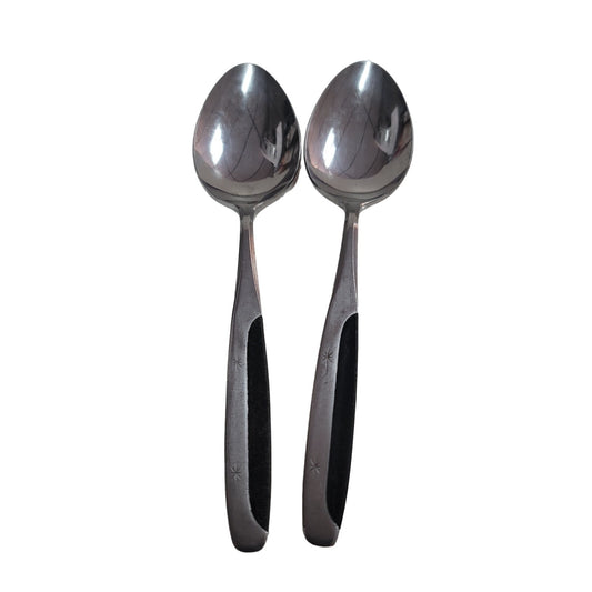 2 Stainless Soup SPOONS Stanley Roberts Japan NITE AND DAY pattern silver black