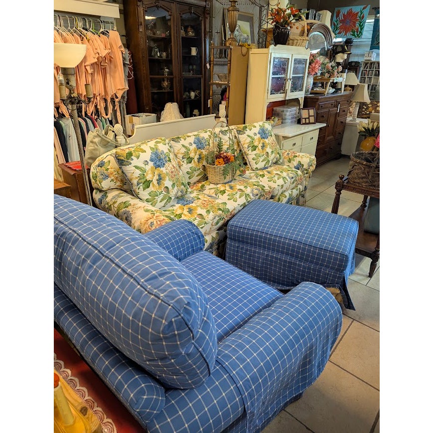 SECONDHAND SANDIES: Overstuffed skirted Armchair and Matching Ottoman Blue white Plaid