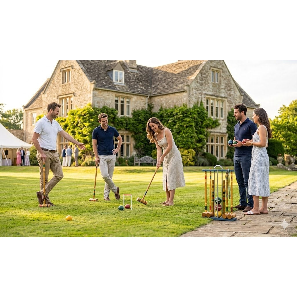 Vintage Wooden Croquet Set with Blue Storage Stand Lawn Classic Game