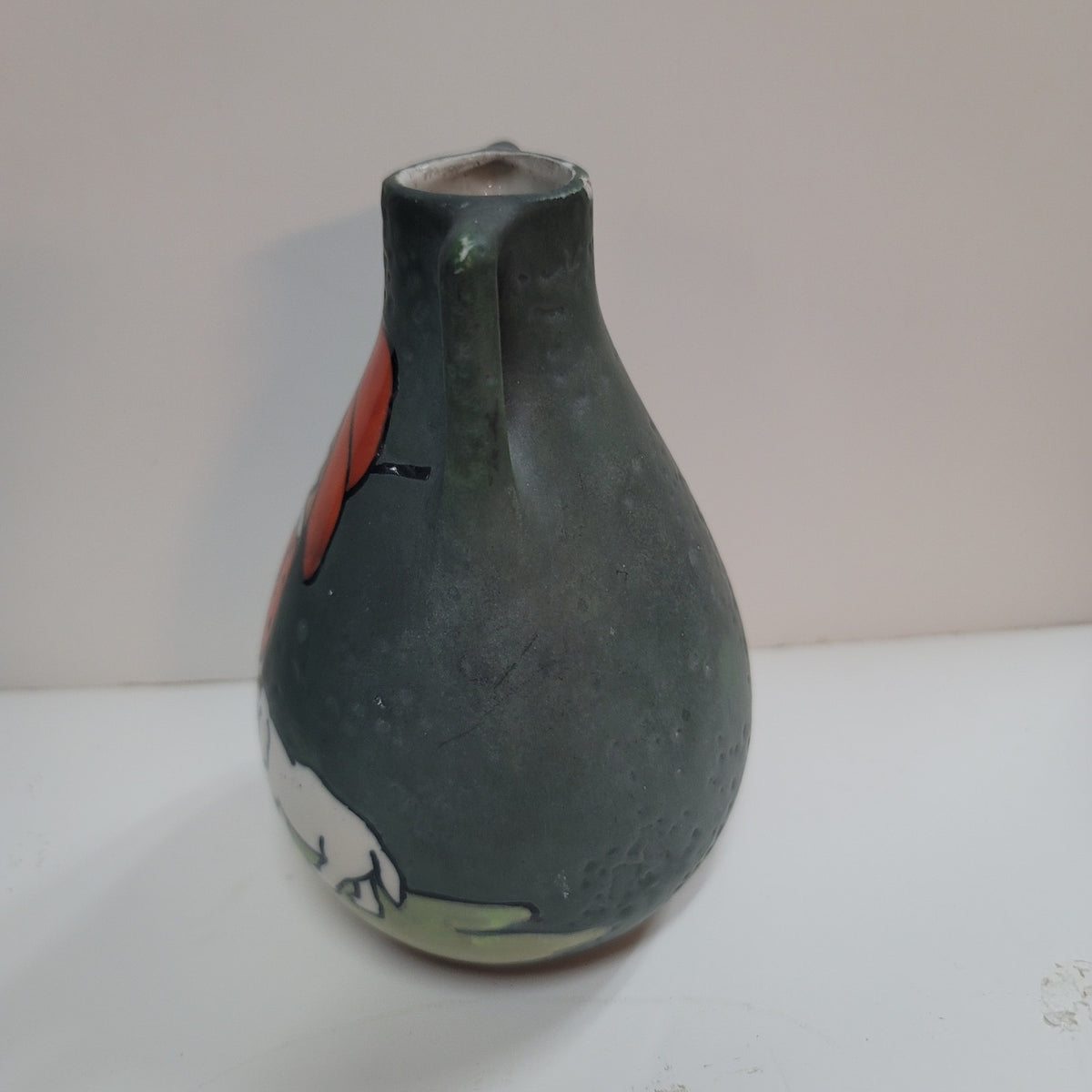 Austrian Art Pottery Double handle Vase Boy & Dog 6" green orange Porcelain