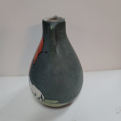 Austrian Art Pottery Double handle Vase Boy & Dog 6" green orange Porcelain