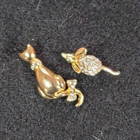 Cat and Mouse moving tail Pins Tie tacks Faux gold crystal and emerald chips