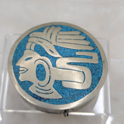 Vintage Alpaca Mexico Turquoise Mosaic Inlay Trinket Box Aztec Warrior Folk Art