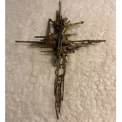 Brutalist crucifix religious wall sculpture goldtone Jesus on Cross Spain Bronze