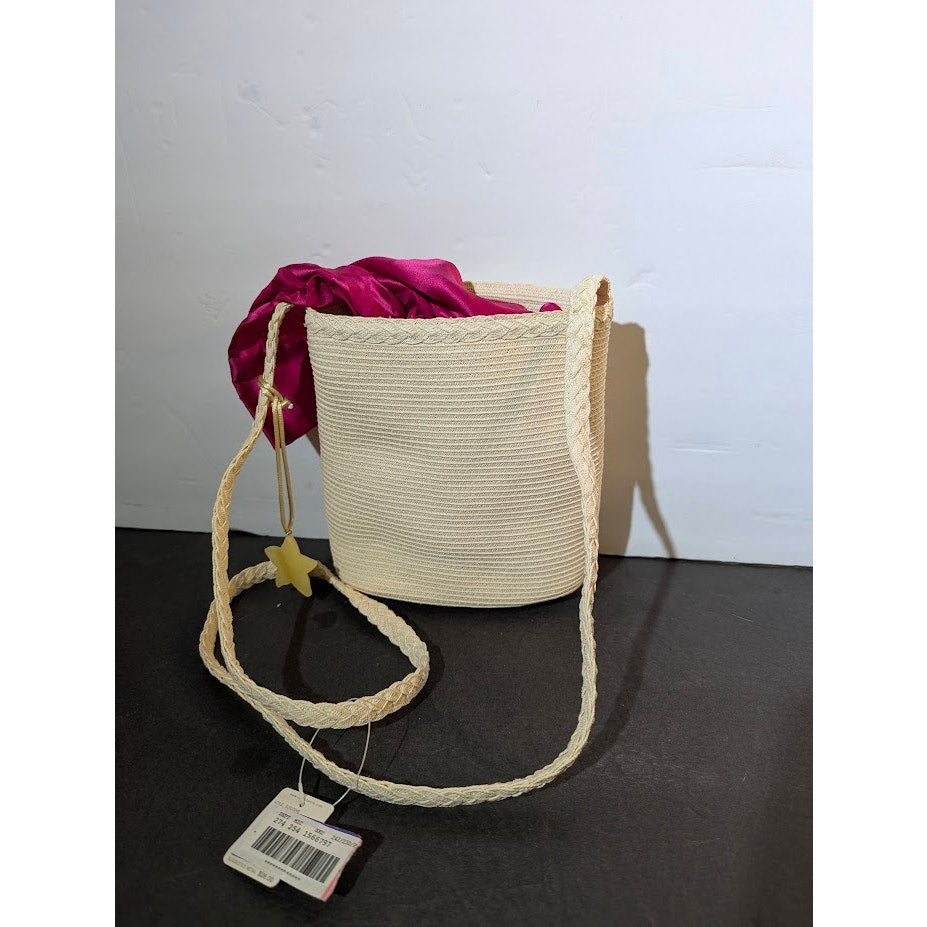 Liz Claiborne Vintage Straw Bucket Crossbody Purse & Red Floral Scarf NWT