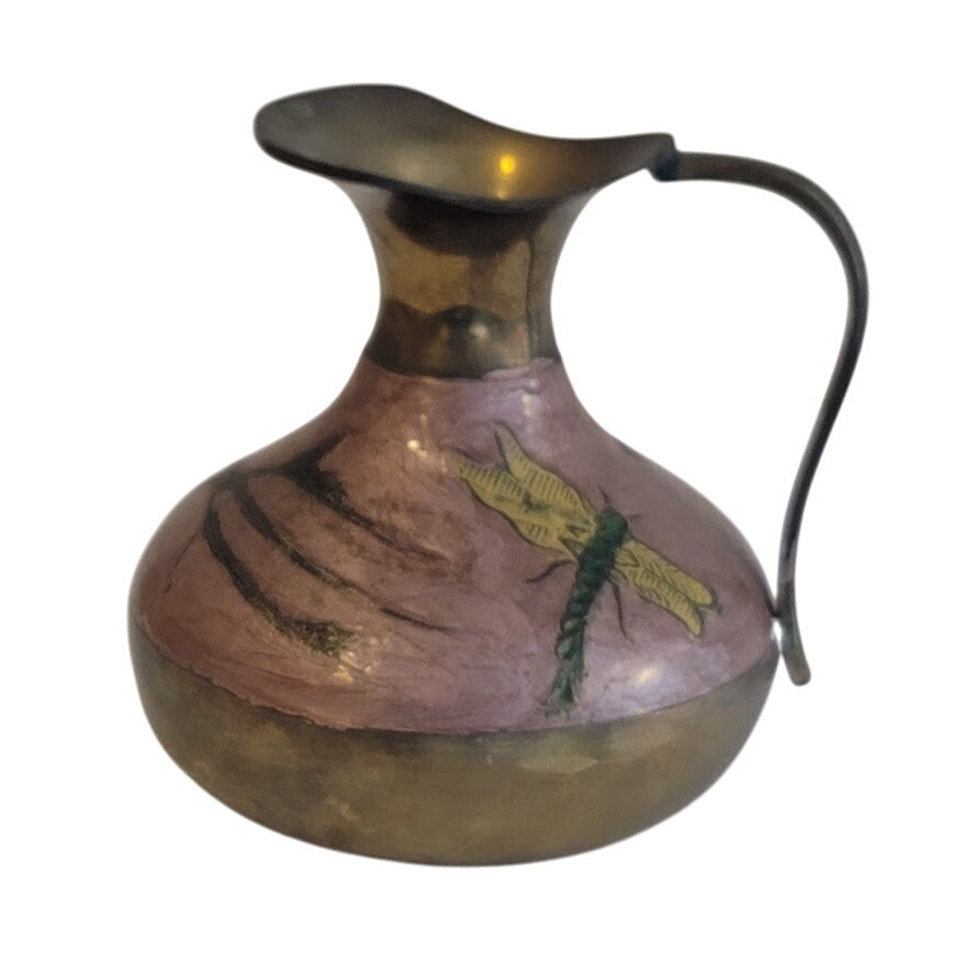 Vtg Brass DRAGONFLY Flower Enamel Cloisonne Champleve Pitcher Vase 4'' India