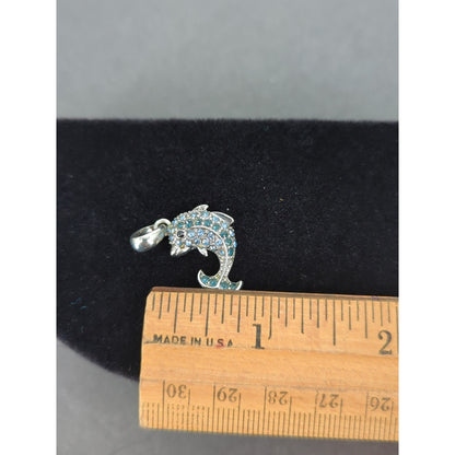 Vintage Silver Tone Blue Rhinestone Dolphin Charm One Inch Coastal Nautical