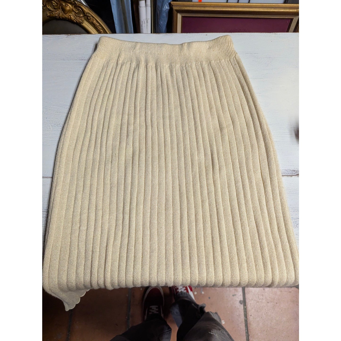 Vintage Cream Ribbed Knit Midi Pencil Skirt 10 Coastal Grandmother Minimalist