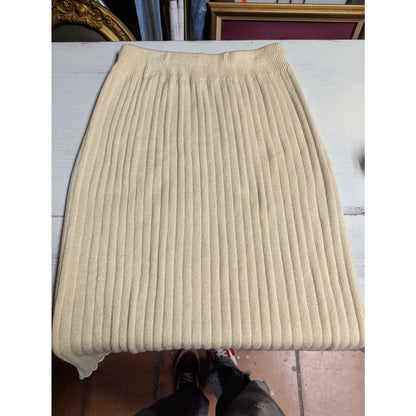 Vintage Cream Ribbed Knit Midi Pencil Skirt 10 Coastal Grandmother Minimalist
