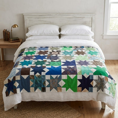 Vintage 70s Mixed Calico Star Patchwork Unfinished Quilt Top - 69" x 86" Project