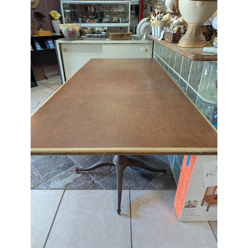 SECONDHAND SANDIES: Double cast iron pedestal Table desk solid red/white oak top 7' x 3'